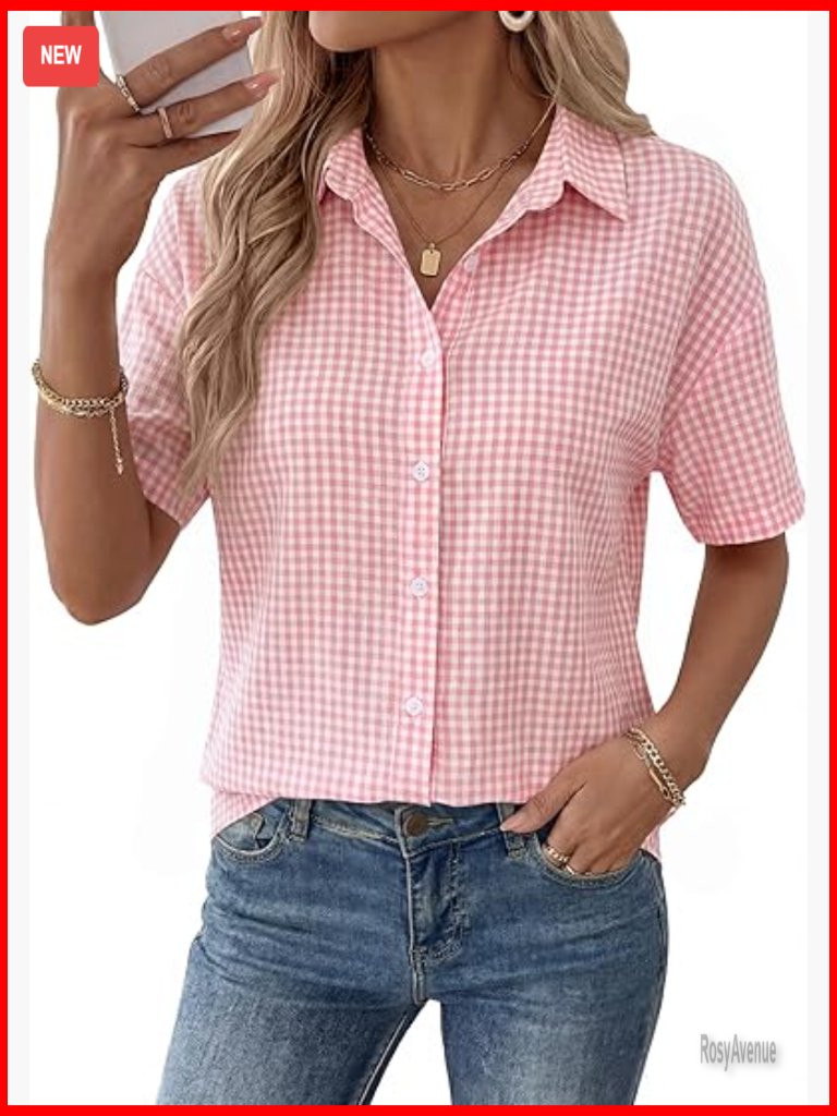 Short Sleeve V Neck Button Down Blouse Work Top